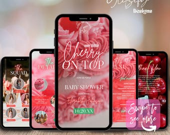 Invitación animada para baby shower "Cherry On Top": plantilla editable de Canva (descarga digital)
