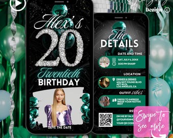 Green Silver 20th Birthday Invitation: Glam Party, Animated (Digital Download)
