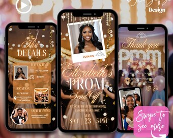 May include: A digital invitation for a prom send-off party. The invitation features a gold and white color scheme with a photo of the graduate in a white dress. The text on the invitation reads "Elizabeth's Prom Send Off" and includes the date and time of the event. The invitation also includes a thank you message for guests attending the event.