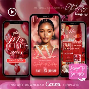 Red Quinceanera Text Invitation,15th birthday invitation,mis quince anos,15 years old birthday invite,quinceanera digital invite,red glam