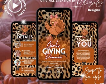 Puede incluir: Tres smartphones muestran una invitación con temática de Acción de Gracias. El diseño presenta una ilustración de pavo, un fondo con estampado de leopardo y el texto "Girls Giving Dinner". La invitación incluye detalles, un mensaje de agradecimiento y un aviso para deslizar para más.