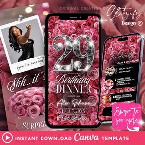 Digital Pink 29th Birthday Invitation,roses 29th birthday Invite,pink rose birthday Party invitation,Digital Birthday Flyer,Text Invitation