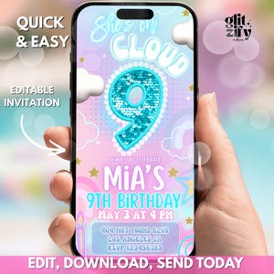 May include: A smartphone displays a birthday invitation with a cloud and star theme. The invitation reads "Mia's 9th Birthday" with the date and time. Text on the screen says "Quick & Easy" and "Edit, Download, Send Today."