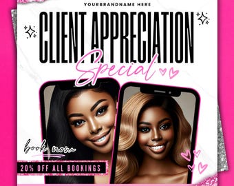 May include: A pink and white social media graphic with a marble background. The graphic advertises a client appreciation special with 20% off all bookings. The graphic features two images of women with long, styled hair. The text "book now" is written in pink. The graphic includes the website address and social media handle.