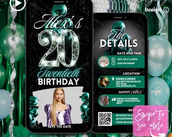 Emerald Green 20th Birthday Invitation: Glam Bling Theme (Digital Invitation)