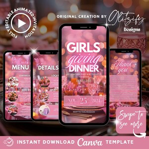Könnte beinhalten: Rosa digitale Einladungsvorlage für ein Girls Giving Dinner, mit dem Text "Girls Giving Dinner" und Veranstaltungsdetails. Das Design umfasst Menü-, Detail- und Dankesbildschirme mit der Aufforderung "Swipe to see more".