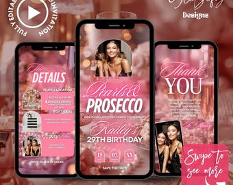 Pearls and Prosecco Invitation: Birthday Dinner Invite, Pink Aesthetic (Digital Download)