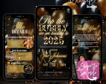 Animierte Silvester-Party Einladung: Bearbeitbare Canva Vorlage (Digitaler Download)