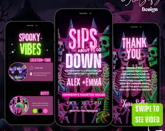 May include: A digital Halloween party invitation template displayed on a smartphone screen. The design features neon green and pink text with skeleton graphics. The invitation includes event details and a "Swipe to See Video" prompt.