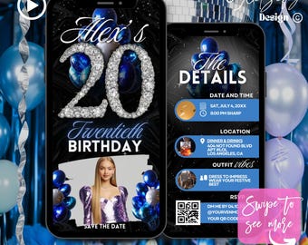 Blue Silver 20th Birthday Animated Invitation: Glam Party (Digital Download)