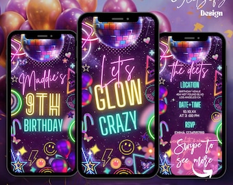 Let&#39;s Glow verrückte Einladung,Video Glow In The Dark Einladung,Animierte Glow Einladung,Glow Party Einladung,Let&#39;s Glow Text Einladung,digital