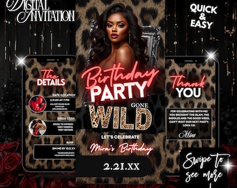Let's Get Wild Birthday Invitation,Editable Animated Cheetah Print Lets Get Wild Girls Night Invite,Leopard Party Invite Neon Red