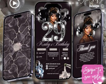 May include: A digital invitation template for a 29th birthday, featuring a photo of a woman, black and silver balloons, and the text "Kailey's Birthday." The design includes event details and a "Thank You" message. The template is available for instant download.