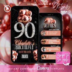 Rose Gold Glam 90th birthday Invitation,Rosegold Birthday Dinner Invitation,Balloon Diamond Birthday Party Invite,Digital birthday flyer