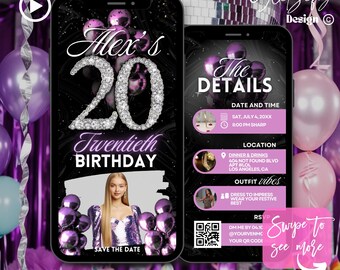 Purple Silver 20th Birthday Animated Invitation: Glam Party (Digital Download)