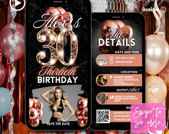Rose Gold 30th Birthday Animated Invitation: Glam Party Theme (Digital Download)