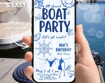 Invito di compleanno per festa in barca, invito di compleanno per festa in yacht, invito di compleanno per tutti a bordo della barca, semplice invito nautico con scarabocchio digitale disegnato a mano