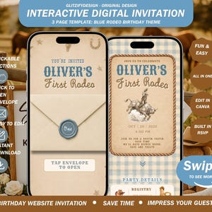 May include: An interactive digital invitation template for a blue rodeo birthday theme displayed on two smartphones. The screens show a beige envelope with a wax seal and a party invitation featuring a bull rider graphic, text, and event details.