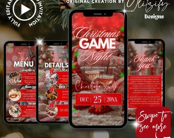 May include: A digital Christmas Game Night invitation template displayed on smartphones. The design features a festive red and white color scheme with text including "Christmas Game Night" and "Hosted by Charlotte Smith". Includes a menu, details, and thank you pages.