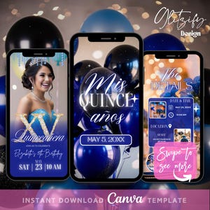Royal Blue Glam Quinceanera tekstuitnodiging, 15e verjaardagsuitnodiging, mis kweepeer anos, 15 jaar oude digitale verjaardagsuitnodiging quinceanera