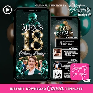 Puede incluir: Plantilla de invitación digital para una cena de 18 cumpleaños, con una foto de una persona. El diseño incluye globos dorados y verde esmeralda, con el texto "Alex's 18 Birthday Dinner". Descarga instantánea.