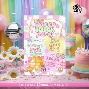 Invitación a fiesta de cumpleaños Sleep Under, invitación a fiesta de moda universitaria preppy, invitación de cumpleaños disco Y2K, inspirada en SCL, fiesta de pijamas, fiesta de pijamas