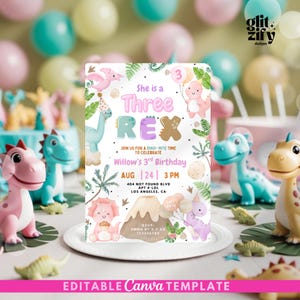 Editable dino 3rd birthday invite, Dinosaur Birthday Invitation,Three rex Dino Invite,Dino Girl Dinomite Birthday,Pink Pastel dino invite