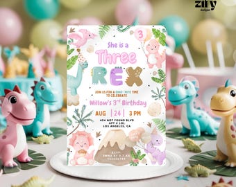 May include: A birthday invitation with a dinosaur theme. The invitation reads "She is a Three Rex" and includes details for Willow's 3rd birthday. The design features cartoon dinosaurs in pink, blue, and purple, with a volcano and balloons. The words "Editable Canva Template" are at the bottom.