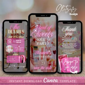 May include: A pink and white digital invitation for a holiday party. The invitation features a whimsical illustration of a candy land with the text "Land of Sweets Holiday Party" and "Elizabeth's 20th Birthday". The date and time of the party are listed as "Friday, Dec 23, 5:00 PM".