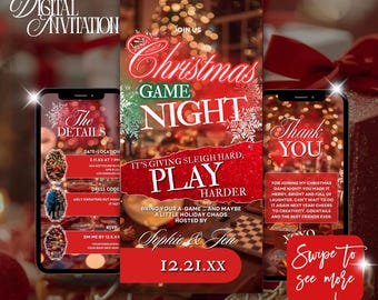 May include: A digital invitation for a Christmas Game Night, featuring a festive design with red and white text. The invitation includes details, dress code, and RSVP information. The template is available for instant download.