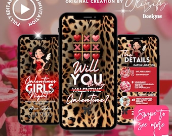 Galentine's Girls Night Invitation:Cheetah Print Valentine's Day Party Template (Editable in Canva)