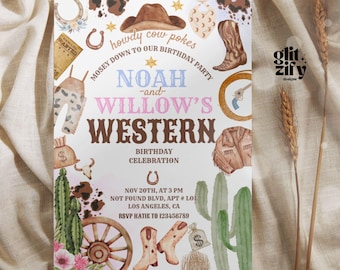 Double Birthday Rodeo Invitation,Rodeo Siblings Birthday Invitation,Blue Pink Cowboy Cowgirl  Birthday Invite,Rodeo Digital Invite,Wild West