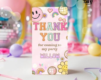 May include: Pink and rainbow colored thank you card with the text "Thank You" in large letters, "for coming to my party" in smaller letters, and the name "Willow" in a wavy font. The card is decorated with smiley faces, rainbows, peace signs, and flowers.