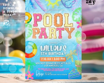Retro Pool Party Invitation: Hand-Drawn Tween Birthday Template (5x7, Editable in Canva, Digital Download)