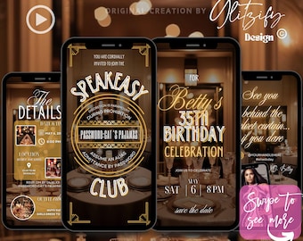 May include: A digital invitation template for a 35th birthday party. The invitation features a gold and black art deco design with the text "Betty's 35th Birthday Celebration". The invitation also includes the date and time of the party, "Sat May 6 8PM", and the phrase "Save the date".
