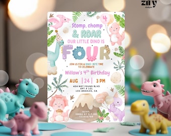 May include: A birthday invitation with a dinosaur theme. The invitation features the text "Stomp, chomp & ROAR, Our Little Dino is FOUR". The invitation includes the date, time, and location of the party. The words "EDITABLE Canva TEMPLATE" are at the bottom.