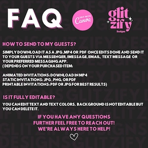 Op de afbeelding: Roze en zwarte grafiek met de tekst "FAQ" in grote witte letters. De tekst "Hoe stuur ik naar mijn gasten?" staat in wit met instructies over hoe je de uitnodiging naar gasten kunt sturen. De tekst "Is het volledig bewerkbaar?" staat in wit met instructies over hoe je de uitnodiging kunt bewerken. De tekst "Als je vragen hebt, neem dan gerust contact met ons op! We zijn er altijd voor je!" staat in wit met een roze hartje onderaan.