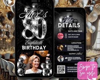 May include: A black and white Canva template for an 80th birthday party invitation. The design includes the text "Alex's 80 Eightieth Birthday" with details like date, time, location, and RSVP information. The invitation features a photo and balloon graphics.
