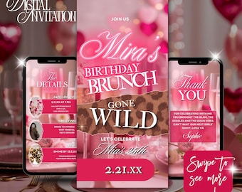 Wild Birthday Brunch Invitation,Leopard cheetah Pattern invitation,brunch birthday invitation,phone invitation brunch,girls brunch evite