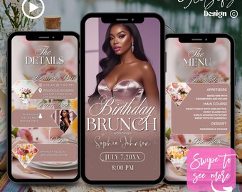 Rose Gold Birthday Brunch Animated Invitation: Digital Evite (Canva Editable, Instant Download)