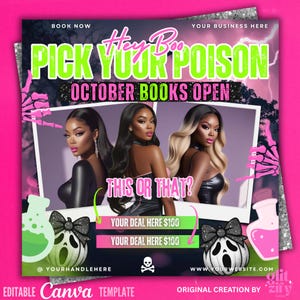 Könnte beinhalten: Ein rosa-schwarzes Halloween-Themen-Canva-Template mit dem Text "Hey Boo Pick Your Poison October Books Open". Das Bild zeigt drei Frauen, einen Totenkopf mit gekreuzten Knochen und einen Kürbis mit einer Schleife.