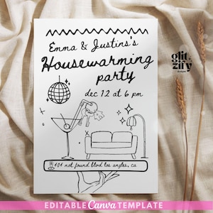 handgetekende uitnodiging housewarmingfeest, krabbelillustratie housewarming, housewarming grillige uitnodiging, handgeschreven uitnodiging voor housewarming