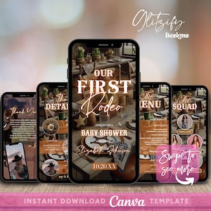 May include: A set of four digital templates for a baby shower with a Western theme. The templates feature a rustic wooden background with a brown and white color scheme. The text on the templates reads "Our First Rodeo", "The Details", "The Menu", and "The Squad".
