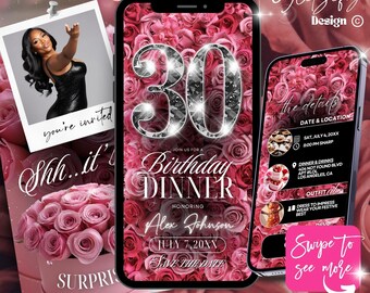 Animated 30th Birthday Invitation: Pink Roses, Editable in Canva (Digital Download, MP4 Video File)