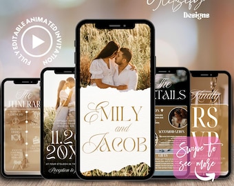 Puede incluir: Un conjunto de cuatro plantillas de invitación de boda animadas para Canva. Las plantillas presentan a una pareja en un campo, una línea de tiempo de los eventos de la boda, detalles sobre la boda y una tarjeta RSVP. El texto en las plantillas dice "Emily y Jacob", "El itinerario", "Los detalles" y "RSVP amablemente".