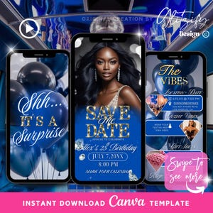May include: A digital invitation template displayed on three smartphones. The central phone features a woman and text that reads "Save The Date." The other phones display "Shh... It's a Surprise" and event details. The template is in shades of blue and gold.