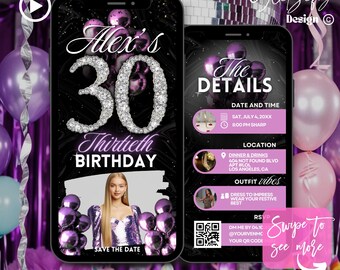 Purple 30th Birthday Animated Invitation: Glam Silver Theme (Digital Download)
