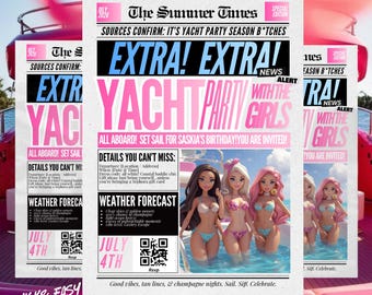 Yacht Party Newspaper Invite,Pink Girly Yacht Bachelorette Invitation,Boat Party Template,Girls Only  Birthday Yacht Party Canva Template