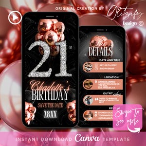 Rose Gold Glam 21st birthday Invitation,Rosegold Birthday Dinner Invitation,Balloon Diamond Birthday Party Invite,Digital birthday flyer
