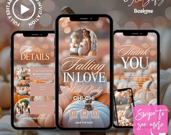 May include: A digital invitation template for a baby shower, featuring three smartphones displaying event details. The design includes pumpkins, elegant script, and the phrases "Falling in Love With Baby" and "Thank You". The template is an instant download.